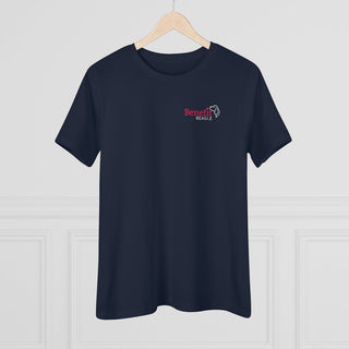 Different Pawspective Women's Premium Tee in Navy. Shown is front of shirt with Benefit Beagle logo in the top corner . On the back is large colorful pawprint with the the phrase "Life is all about finding the beauty in a different pawspective" circled around it.