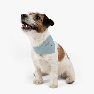 Dog wearing Bee Pawsitive Dog Collar Bandana in Grey. The Bee Pawsitive design features the Benefit Beagle logo with a bumble bee flying under it. Comes with adjustable black collar.