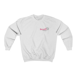 Different Pawspective Unisex Crewneck Sweatshirt in White. Shown is front of shirt with Benefit Beagle logo in the top corner . On the back is large colorful pawprint with the the phrase "Life is all about finding the beauty in a different pawspective" circled around it.