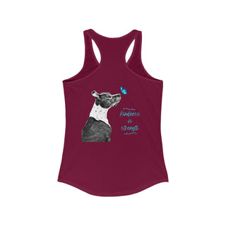 Lincoln Butterfly Women's Ideal Racerback Tank in Cardinal Red. Shown is back of shirt design showcasing profile of a dog with a blue butterfly on its nose and the phrase "Kindness is Strength" next to it. The front of shirt has Benefit Beagle Logo kissed by a Butterfly.