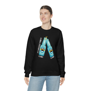 Beagle-Thirty Bottles Unisex Heavy Blend Crewneck Sweatshirt in Black. The front of shirt showcases Two Paw Labeled Bottles clinking with the saying, "It's Beagle-Thirty". Back of shirt features corresponding Benefit Beagle Logo.