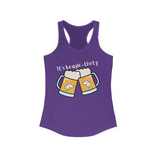 Beagle-Thirty Mugs Women's Racerback Tank in Purple Rush. The front of shirt showcases Two Dog Adorned Mugs clinking with the saying, "It's Beagle-Thirty" above it. Back of shirt features corresponding Benefit Beagle Logo.