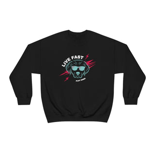 Play Hard Unisex Heavy Blend Crewneck Sweatshirt in Black. The design features a cool dog with sunglasses and lightening bolts around it. The phrase "Live Fast, Play Hard" is around the design.