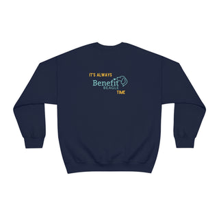 Beagle-Thirty Bottles Unisex Heavy Blend Crewneck Sweatshirt in Navy. Shown is back of shirt featuring "Beagle-Thirty" Benefit Beagle Logo. The front Showcases Two Paw Labeled Bottles clinking with, "It's Beagle-Thirty" written next to it.