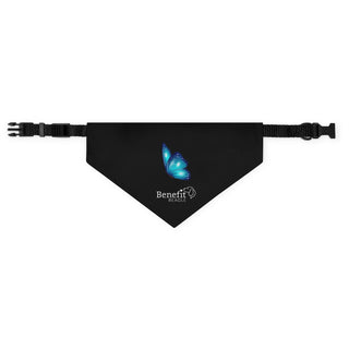 Lincoln Butterfly Dog Collar Bandana in Black. The Lincoln Butterfly design features the Benefit Beagle logo with a blue butterfly above it. Comes with adjustable black collar.