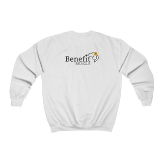 You are my Sunshine Unisex Crewneck Sweatshirt in White. Shown is back of shirt featuring the Sunflower Benefit Beagle Logo. The front showcases a sunflower which is split down the middle and half is made out of paw prints. Underneath is the phrase "You are my Sunshine".