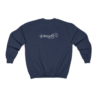 Adventures Await Unisex Crewneck Sweatshirt in Navy. Shown is the back of shirt with a Nautical Compass Benefit Beagle Logo. The front of shirt features the Adventures Await design with a dog inside a nautical compass and the words "Adventures Await" above it.