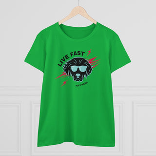 Play Hard Women's Midweight Cotton Tee shirt in Irish Green. The design features a cool dog with sunglasses and lightening bolts behind it. The phrase "Live Fast, Play Hard" is around the design.