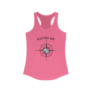 Adventures Await Women's Racerback Tank in Hot Pink. The front of shirt features the Adventures Await design with a dog inside a nautical compass and the words "Adventures Await" above it. The back of the shirt has similar Benefit Beagle Logo.