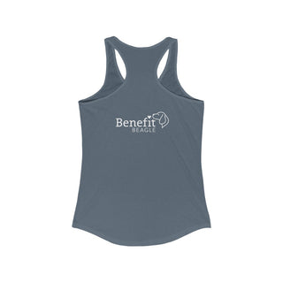 Signature Tattoo Flowers Women's Ideal Racerback Tank in Indigo.  Shown is back of shirt with the Benefit Beagle Logo. Front of shirt has the Signature Tattoo Flowers design featuring a dog with flowers around it and the phrase "Beagletude" and "Nothing is Impawssible"