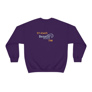 Beagle-Thirty Mugs Unisex Heavy Blend Crewneck Sweatshirt in Purple. Shown is back of shirt featuring "Beagle-Thirty" Benefit Beagle Logo. The front Showcases Two Dog Adorned Mugs clinking with, "It's Beagle- Thirty" written above it.