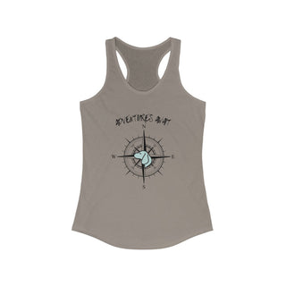 Adventures Await Women's Racerback Tank in Warm Grey.  The front of shirt features the Adventures Await design with a dog inside a nautical compass and the words "Adventures Await" above it. The back of the shirt has similar Benefit Beagle Logo.