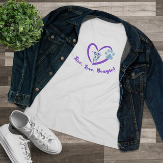 Live, Love, Beagle Women's Premium Tee in White. The Live, Love, Beagle design features a dog running through a heart with the phrase "Live, Love, Beagle!" under it.