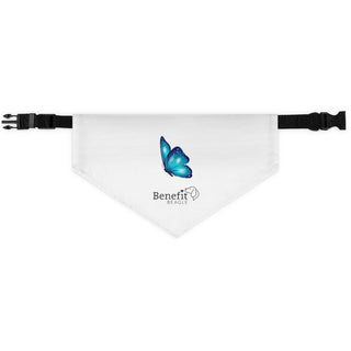 Lincoln Butterfly Dog Collar Bandana in White. The Lincoln Butterfly design features the Benefit Beagle logo with a blue butterfly above it. Comes with adjustable black collar.