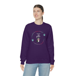 Dog Hair is my Glitter Unisex Crewneck in Purple. The Dog Hair is my Glitter design features a dog with the phrase "Dog Hair is my Glitter" above it and it is surrounded by a circle with paw prints.