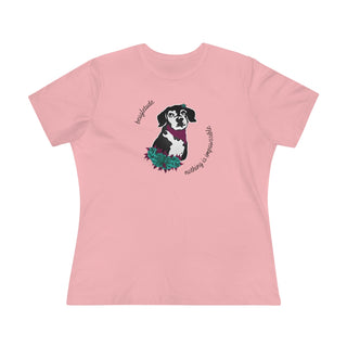 Signature Tattoo Roses Women's Premium Tee in Pink. Shown is front of shirt with the Signature Tattoo Roses design featuring a dog with roses around it and the phrase "Beagletude" and "Nothing is Impawssible". Back of shirt features the Benefit Beagle Logo.