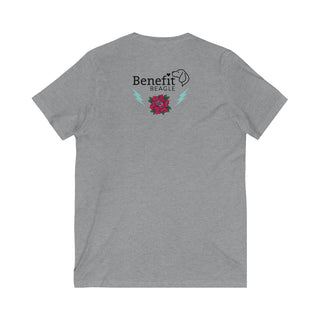 Stay Wild Premium Unisex  V-Neck Tee in Athletic Heather. Shown is the back of shirt with Benefit Beagle Logo complete with Tattoo Rose. On front of shirt is Stay Wild Design featuring a tattoo style rose with the phrase "Stay Wild, Play Hard" around it.