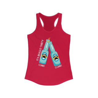 Beagle-Thirty Bottles Women's Racerback Tank in Red. The front of shirt showcases Two Paw Labeled Bottles clinking with the saying, "It's Beagle-Thirty". Back of shirt features corresponding Benefit Beagle Logo.