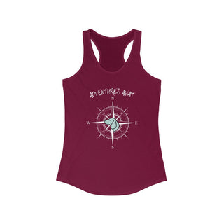 Adventures Await Women's Racerback Tank in Cardinal Red. The front of shirt features the Adventures Await design with a dog inside a nautical compass and the words "Adventures Await" above it. The back of the shirt has similar Benefit Beagle Logo.