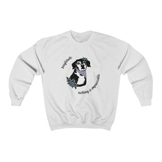 Signature Tattoo Flowers Crewneck Sweatshirt in White. Shown is front of shirt with the Signature Tattoo Flowers design featuring a dog with flowers around it and the phrase "Beagletude" and "Nothing is Impawssible". Back of shirt features the Benefit Beagle Logo.