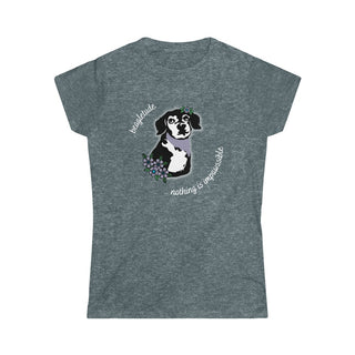 Signature Tattoo Flowers Women's Softstyle Tee in Dark Heather. Shown is front of shirt with the Signature Tattoo Flowers design featuring a dog with flowers around it and the phrase "Beagletude" and "Nothing is Impawssible". Back of shirt features the Benefit Beagle Logo.