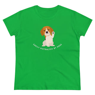 Easily Distracted Women's Midweight Cotton Tee in Irish Green. Shown is front design featuring a dog waving with the saying "Easily Distracted by Dogs" below it. The back of shirt has the classic Benefit Beagle Logo.