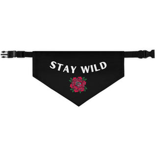 Stay Wild Dog Collar Bandana in Black. The Stay Wild design features the phrase "Stay Wild" with a tattoo style rose under it. Comes with adjustable black collar.