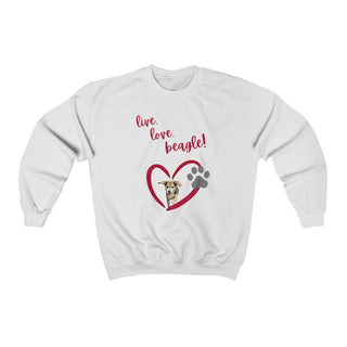 Live, Love, Beagle Crewneck Sweatshirt in White. The Live, Love, Beagle design features a dog running through a heart with the phrase "Live, Love, Beagle!" above it.