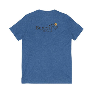 You are my Sunshine Unisex V-Neck Tee in Heather True Royal. Shown is back of shirt featuring the Sunflower Benefit Beagle Logo. The front showcases a sunflower which is split down the middle and half is made out of paw prints. Underneath is the phrase "You are my Sunshine".