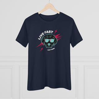 Play Hard Women's Premium Tee Shirt in Navy. The design features a cool dog with sunglasses and lightening bolts around it. The phrase "Live Fast, Play Hard" is around the design.