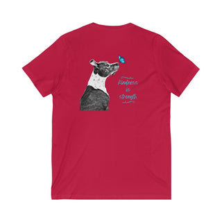 Lincoln Butterfly Unisex V-Neck Tee in Red. Shown is back of shirt design showcasing profile of a dog with a blue butterfly on its nose and the phrase "Kindness is Strength" next to it. The front of shirt has Benefit Beagle Logo kissed by a Butterfly.