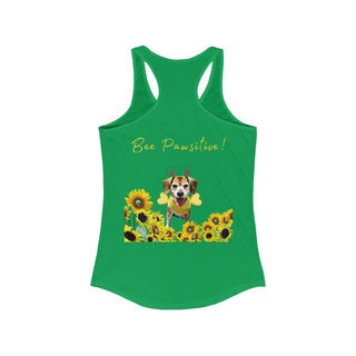 Bee Pawsitive Women's Racerback Tank in Kelly Green. Shown is back of shirt showcasing a dog dressed as as bee in a a field of sunflowers with the phrase "Bee Pawsitive!" above it. The front features the Bee Pawsitive Benefit Beagle Logo.