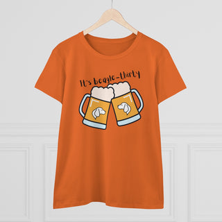 Beagle-Thirty Mugs Women's Midweight Cotton Tee in Orange. The front of shirt showcases Two Dog Adorned Mugs clinking with the saying, "It's Beagle-Thirty" above it. Back of shirt features corresponding Benefit Beagle Logo.