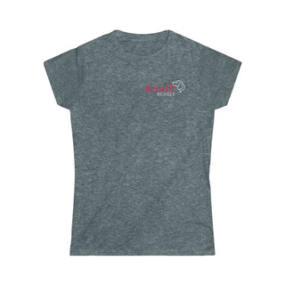 Different Pawspective Women's Softstyle Tee in Dark Heather. Shown is front of shirt with Benefit Beagle logo in the top corner . On the back is large colorful pawprint with the the phrase "Life is all about finding the beauty in a different pawspective" circled around it.