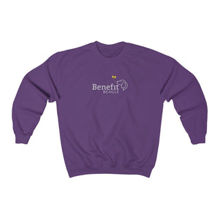 Bee Pawsitive Unisex Crewneck Sweatshirt in Purple. The front of shirt features the Bee Pawsitive Benefit Beagle Logo. The back of shirt showcases a dog dressed as a bee in a field of sunflowers with "Bee Pawsitive" written above.