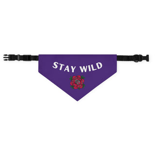 Stay Wild Dog Collar Bandana in Purple. The Stay Wild design features the phrase "Stay Wild" with a tattoo style rose under it. Comes with adjustable black collar.