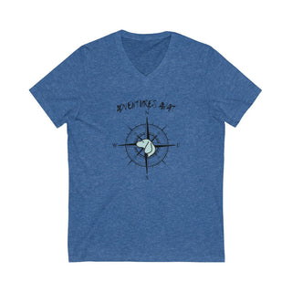 Adventures Await Unisex V-Neck Tee in Heather True Royal. The front of shirt features the Adventures Await design with a dog inside a nautical compass and the words "Adventures Await" above it. The back of the shirt has similar Benefit Beagle Logo.