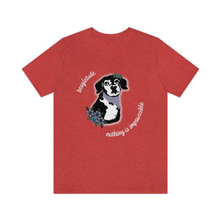 Signature Tattoo Flowers Unisex Jersey Short Sleeve Tee in Heather Red. Shown is front of shirt with the Signature Tattoo Flowers design featuring a dog with flowers around it and the phrase "Beagletude" and "Nothing is Impawssible". Back of shirt features the Benefit Beagle Logo.