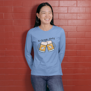 Beagle-Thirty Mugs Unisex Ultra Cotton Long Sleeve Tee in Carolina Blue. The front of shirt showcases Two Dog Adorned Mugs clinking with the saying, "It's Beagle-Thirty" above it. Back of shirt features corresponding Benefit Beagle Logo.