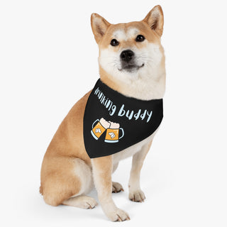 Dog wearing Beagle-Thirty Mugs Dog Collar Bandana in Black. The Beagle-Thirty Mugs design features two dog adorned mugs clinking with the saying "Drinking buddy" above it. Comes with adjustable black collar.