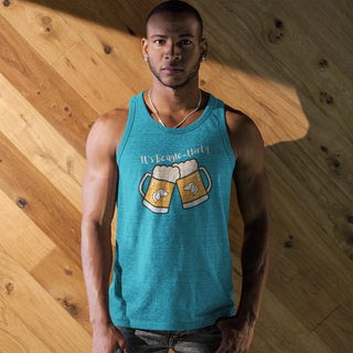 Beagle-Thirty Mugs Unisex Jersey Tank in Aqua Triblend. The front of shirt showcases Two Dog Adorned Mugs clinking with the saying, "It's Beagle-Thirty" above it. Back of shirt features corresponding Benefit Beagle Logo.