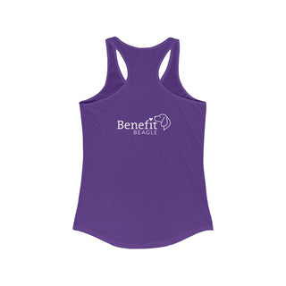 Signature Tattoo Roses Women's Ideal Racerback Tank in Purple Rush. Shown is back of shirt with the Benefit Beagle Logo. Front of shirt has the Signature Tattoo Roses design featuring a dog with roses around it and the phrase "Beagletude" and "Nothing is Impawssible"