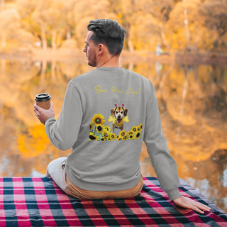 Bee Pawsitive Unisex Crewneck Sweatshirt shirt in Sport Grey. Shown is back of shirt showcasing a dog dressed as as bee in a a field of sunflowers with the phrase "Bee Pawsitive!" above it. The front features the Bee Pawsitive Benefit Beagle Logo.