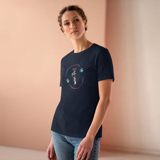 Dog Hair is my Glitter Women's Premium Tee in Navy. The Dog Hair is my Glitter design features a dog with the phrase "Dog Hair is my Glitter" above it and it is surrounded by a circle with paw prints.