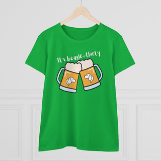 Beagle-Thirty Mugs Women's Midweight Cotton Tee in Irish Green. The front of shirt showcases Two Dog Adorned Mugs clinking with the saying, "It's Beagle-Thirty" above it. Back of shirt features corresponding Benefit Beagle Logo.