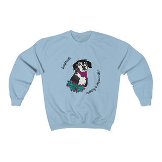 Signature Tattoo Roses Crewneck Sweatshirt in Light Blue. Shown is front of shirt with the Signature Tattoo Roses design featuring a dog with roses around it and the phrase "Beagletude" and "Nothing is Impawssible". Back of shirt features the Benefit Beagle Logo.