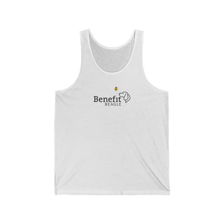 Bee Pawsitive Unisex Jersey Tank shirt in White. The front of shirt features the Bee Pawsitive Benefit Beagle Logo. The back of shirt showcases a dog dressed as a bee in a field of sunflowers with "Bee Pawsitive" written above.