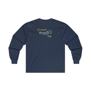 Beagle-Thirty Mugs Unisex Ultra Cotton Long Sleeve Tee in Navy. Shown is back of shirt featuring "Beagle-Thirty" Benefit Beagle Logo. The front Showcases Two Dog Adorned Mugs clinking with, "It's Beagle- Thirty" written above it.