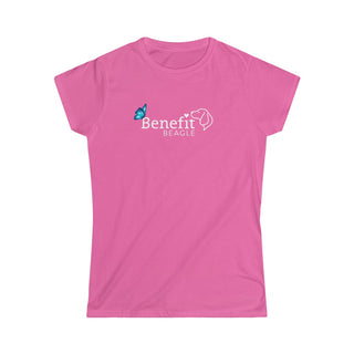 Lincoln Butterfly Women's Softstyle Tee in Azalea. Shown is the front of shirt with Benefit Beagle Logo kissed by butterfly. The back of shirt showcases profile of a dog with a blue butterfly on its nose and the phrase "Kindness is Strength" next to it.