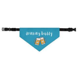 Beagle-Thirty Mugs Dog Collar Bandana in Blue. The Beagle-Thirty Mugs design features two dog adorned mugs clinking with the saying "Drinking buddy" above it. Comes with adjustable black collar.